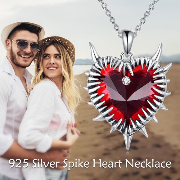 Gothic Sterling Silver Heart Necklace with Red Crystal & Spikes - Unisex - Picture 6 of 6